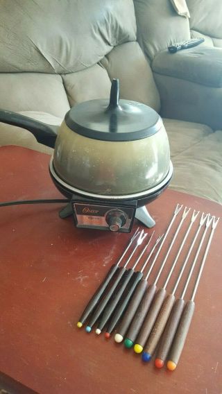 Vintage Oster Electric Fondue Pot 10 Fondue Forks Avocado Green Hot Base