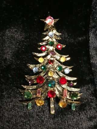 Vintage Signed Hollycraft Christmas Tree Colorful Rhinestone Pin