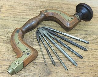 Barton Brothers Sheffield Brass Plated Bit Brace W/bits - Antique Hand Tool - Drill