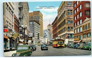 Oakland Ca Telegraph Avenue Trolley Streetcars Fur Store Vintage Postcard E29