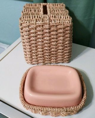 Vintage Pink Wicker Style Plastic Tissue Box Cover Holder Ceramic Soap Dish Bath
