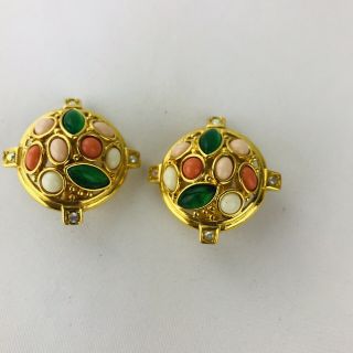 Vintage Joan Rivers Clip On Earrings Signed Multi Stone Green Pink White Gold
