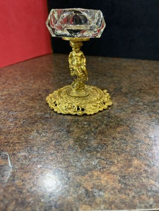 Vintage Crystal And Brass Cherub Candle Stick Holder Small 3 1:4” Tall Signed
