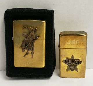 2 Vintage Unfired Brass Zippo Marlboro Lighters 1992 Country Store & 1991 Slim
