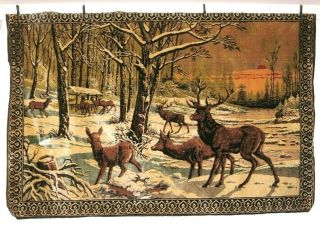 Vintage Large Velvet Tapestry Wall Hanging Deer In Woods Size 49 " X 72 "