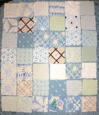 Vintage Chenille Quilt Squares Baby Boy Quilt Kit Blue Brown Green Bedspread