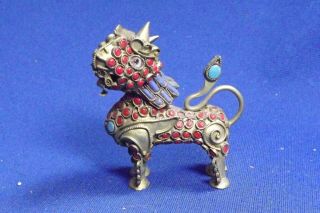 Vintage Tibetan/chinese Brass Coral & Turquoise & Glass Foo Dog Snuff Bottle