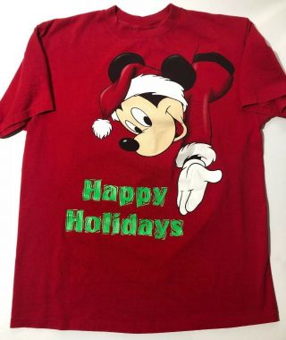 Vintage Disney Parks Mickey Mouse Happy Holidays Christmas Santa T Shirt Xl Red