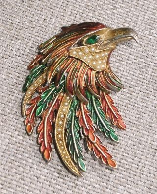 Vintage Rare Brooch Art Signed Eagle Head Multi Color Enamel Pearl Decor 342w