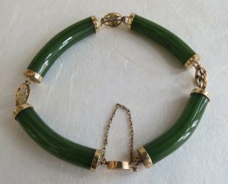 Natural Rich Green Nephrite 14k Gold Link Bracelet Wealth Health Good Luck 19g