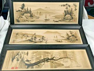 3 Vintage Oriental Silk Screened Print Econolite Art Framed Pictures