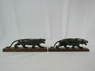 Vintage Wood Hand Carved Black Panther Figurine Wild Cat Set Of 2 Horn Teak