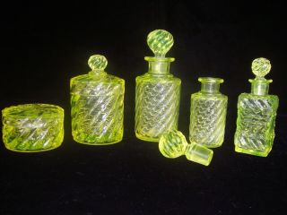 Antique Baccarat Bambous Tors Vaseline Canary Uranium 5 Piece Vanity Set