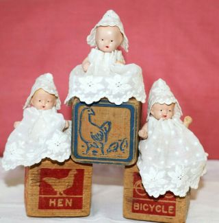 3 Tiny Vintage Bisque Baby Dolls Lacy Dress & Bonnet Diaper Antique Blocks Japan