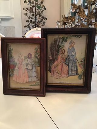 Shabby Antique Vtg Needlepoint Victorian Lady In Wood Frames Old Pair
