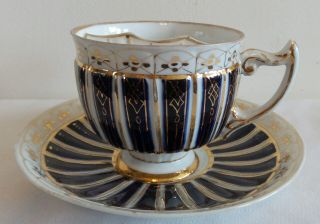 Antique Meissen Porcelain Mustache Cup And Saucer Cobalt,  White & Gold