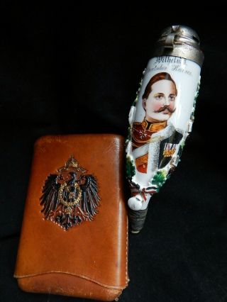 Kaiser Wilhelm Ii Imperial Germany Porcelain Pipe Head And Leather Cigar Case Nr