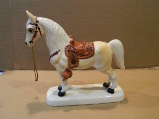 Large Ceramic Horse Figurine White W/ Brown Saddle Japan Vintage