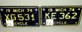 Set Of Two Vintage Michigan Motorcycle License Plates 1974 Tags 1975