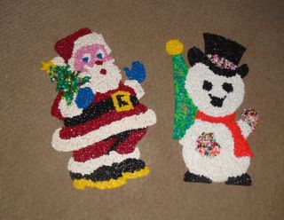 2 Vintage Christmas Melted Plastic Popcorn Decoration Santa And Snowman 2