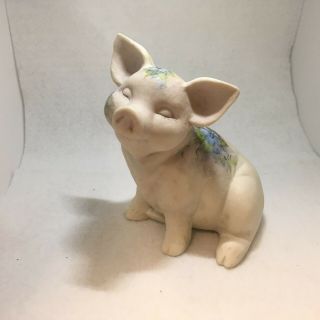 Vintage Handmade Ceramic White Pig With Hand Painted Blue Morning Glory Flowers