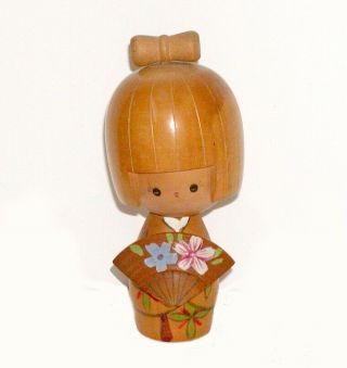 Japanese Vintage Wood Kokeshi Doll Cute Girl W/ Flowered Hand Fan