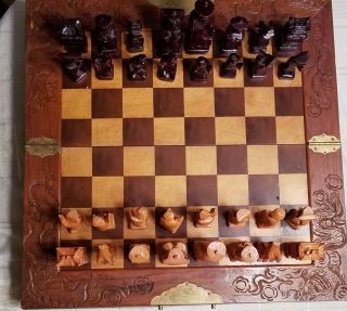 Vintage/antique Large Wooden Hand Carved Asian Chess Set Chinese
