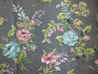 Vtg 40s 50s Pink Blue Flower Tulip Roses Lily Grey Barkcloth Drape Fabric 127 "