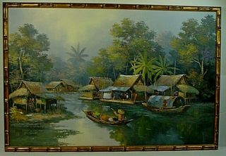 Vintage Vietnamese Acrylic On Canvas ‘mekong River’ Riverscape Painting