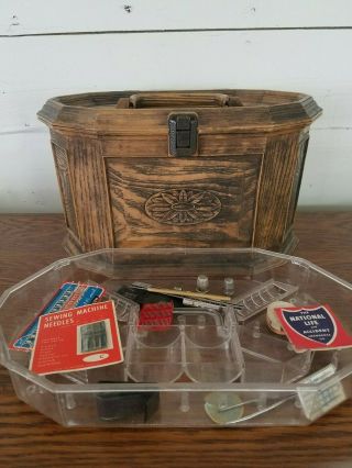 Vintage Lerner Sewing Basket Faux Wood Grain,  Insert With Sewing Notions