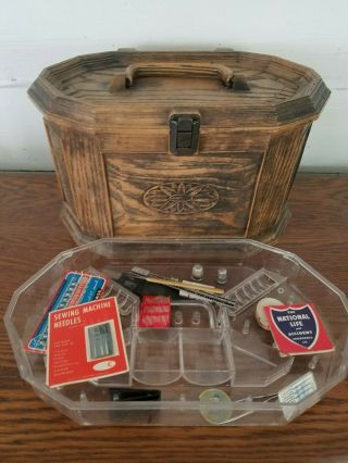 Vintage Lerner Sewing Basket Faux Wood Grain,  Insert with Sewing Notions 2