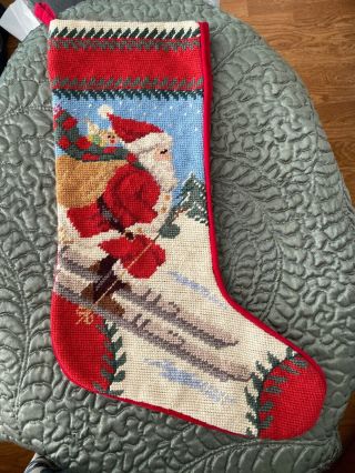 Vintage Wool Needlepoint Christmas Stocking Santa Claus,  18 "