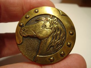 Antique brass HORSE HEAD,  HORSE SHOE rare size 1 1/2 inch PARIS back button 2