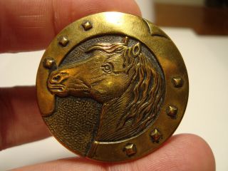 Antique brass HORSE HEAD,  HORSE SHOE rare size 1 1/2 inch PARIS back button 3