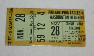 Philadelphia Eagles Ticket Stub | November 28 1954 | Adrian Burk 5 Td