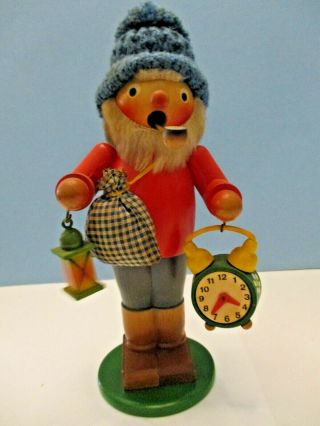 Vintage German Wood Smoker Night Watchmen With Clock And Lamp 9 Inches