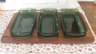 Digsmed Denmark Teak Serving Tray W/ 3 Green Glass Inserts Vintage Danish Mcm