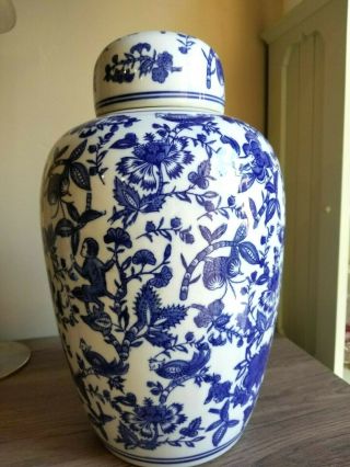 Vtg Hand Painted Blue & White Ginger Jar W.  Lid,  Made In China 14 " Tall