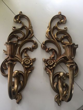 2 Vintage Hollywood Regency Gold Candle Sconces Syroco Wall 16 " Pair 4531r&l