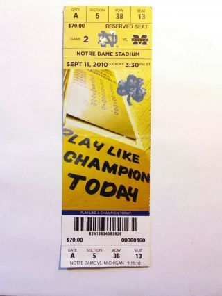 2010 Michigan Wolverines Notre Dame Fighting Irish Football Ticket Stub