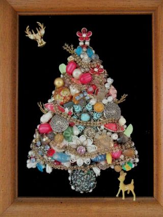 Framed Christmas Tree Handmade Vintage Jewelry Black Velvet Mounting 7.  5 " X 5.  5 "