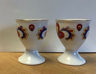 2 Vintage Paisley Colorful Blossom Porcelain Egg Cups Gold Trim 2