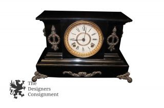 Antique 19th Century Ansonia Slate Mantel Clock Brass Lions Head & Torch Accents