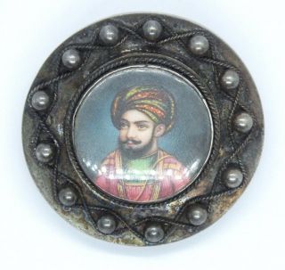 19th Century Antique Hand Painted Miniature Of Indian Mughal Man Silver Brooch.