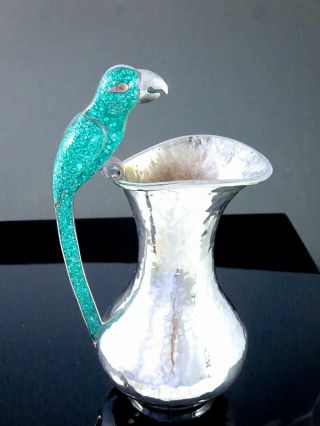 Vintage Taxco Mexico Hammered Silver Plated Parrot Pitcher