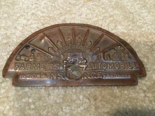 Vintage Protected By Farmers Insurance License Plate Topper 5 Inches Copper