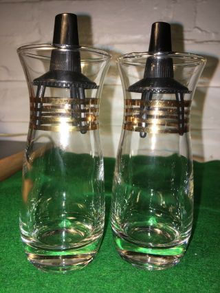 Vintage 1950;s Retro Salt And Pepper Set Black And Gold Clear Glass 5 Inches
