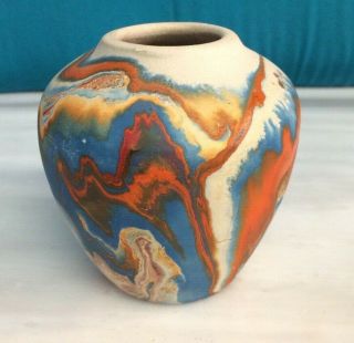 Vintage Nemadji Art Pottery 3 X 3 " Vase Marbled Tan Blue Orange