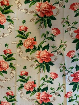 Great Vintage Mid - Century Bark Cloth Grey Pink Peonies Blossoms Bows Gorgeous