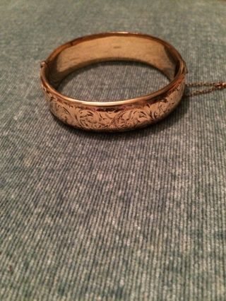 Vintage 9ct Gold Metal Core Engraved Bangle With Safety Chain.  1/5th 9ct Gold